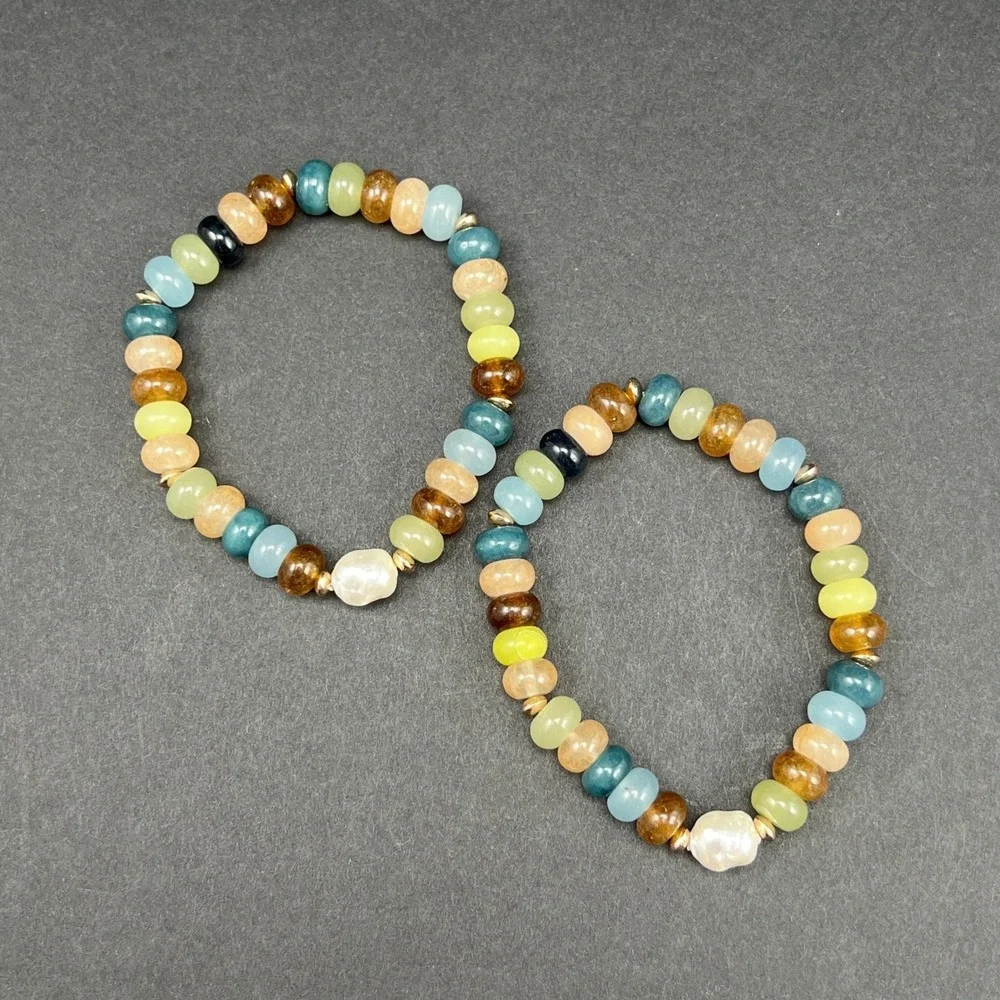 Gemstone Beaded Bracelets Multi Color Rondelle Faux Pearl Stretch 2pc 6.5